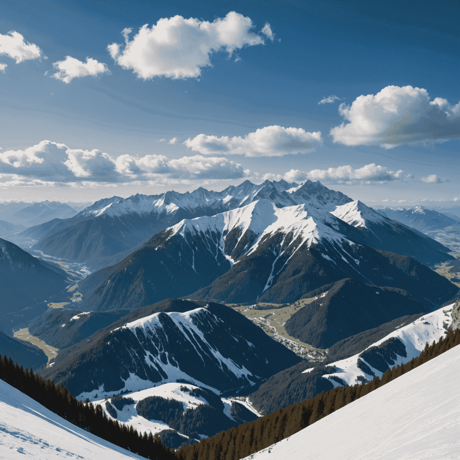 Panorama Tatr z widokiem na Giewont i Kasprowy Wierch pokryte śniegiem, w tle błękitne niebo z kilkoma chmurami