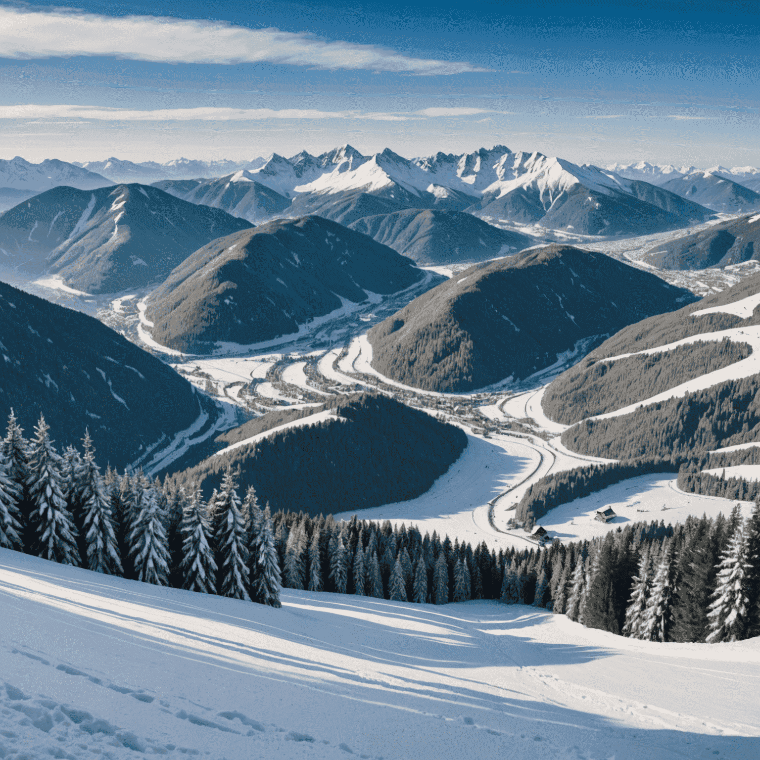 Panorama ośnieżonych stoków narciarskich w Zakopanem z widokiem na Tatry